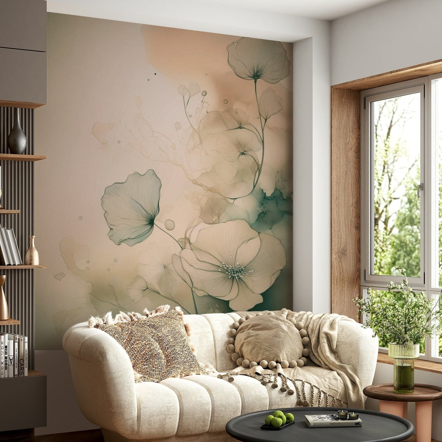Seating area against the beautiful Ethereal Floral Hues Wall Mural.