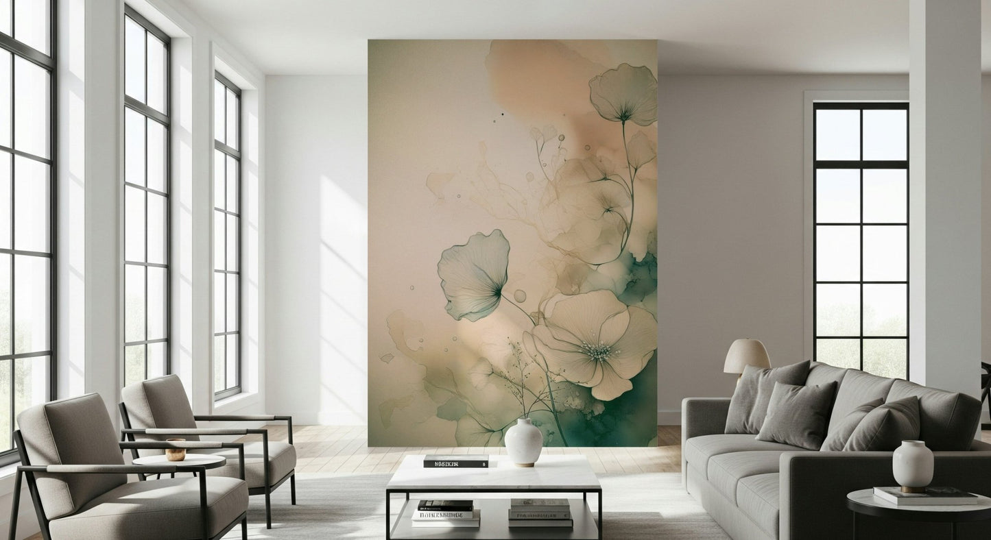 The artistic blend of colors in the Ethereal Floral Hues Wall Mural.