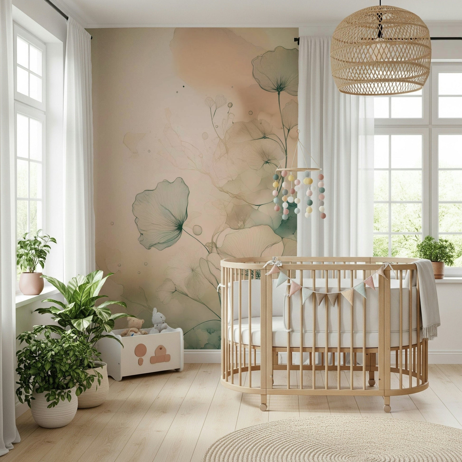Subtle color layers in the Ethereal Floral Hues Wall Mural design.
