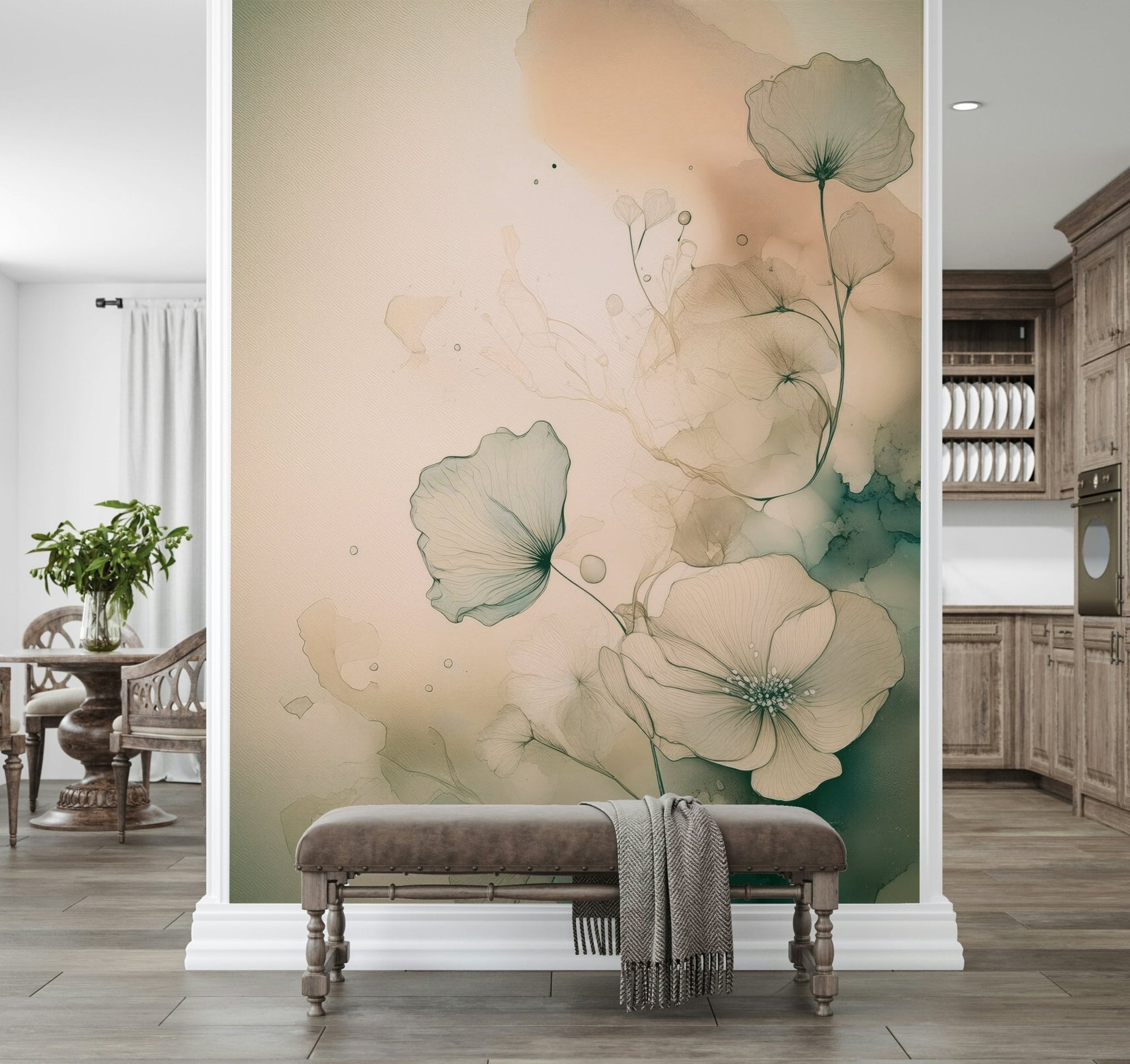 Brightly lit dining space featuring Ethereal Floral Hues Wall Mural., GD6358