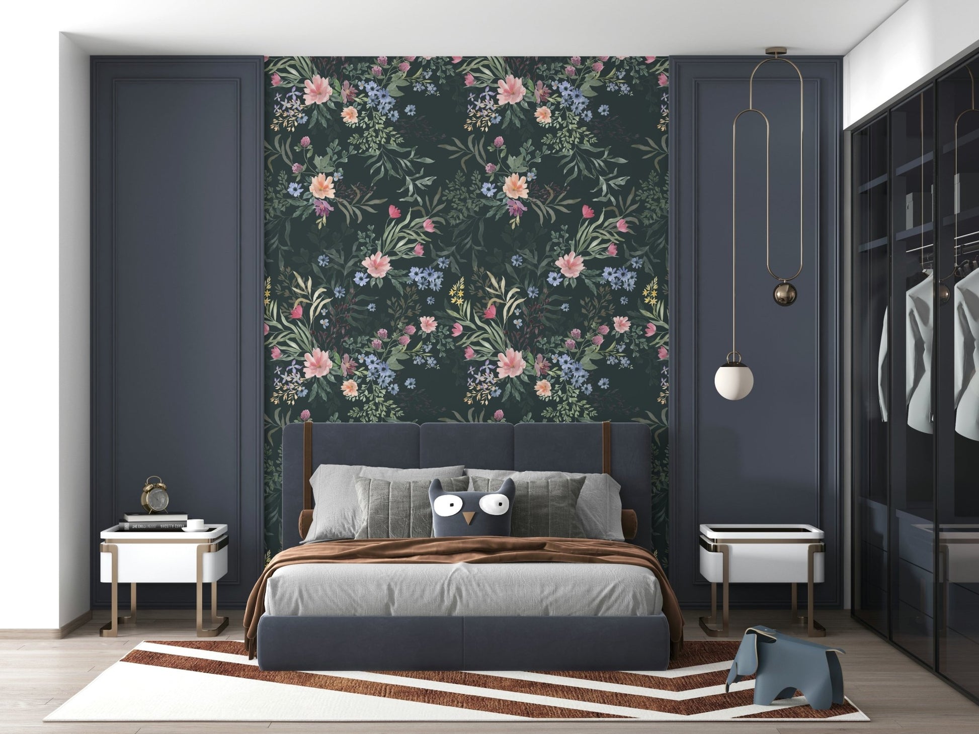 Vintage-inspired botanical wallpaper with blush pink and indigo flowers.