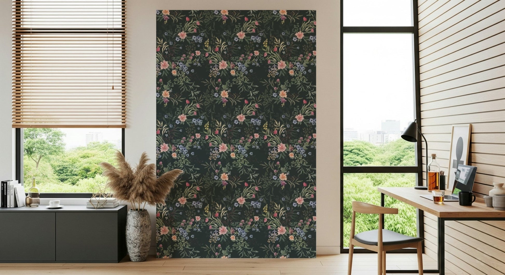 Elegant floral mural featuring cascading leaves and blooms.
