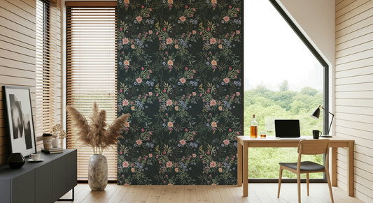 Dark background floral design wallpaper for walls with pink and blue blossoms.
