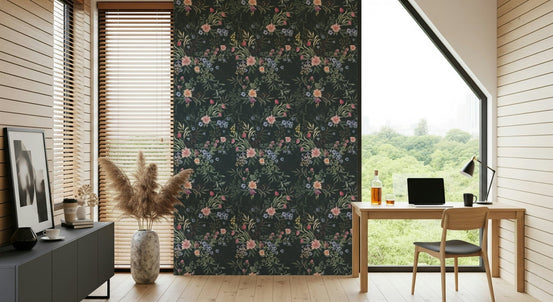 Dark background floral design wallpaper for walls with pink and blue blossoms., GD6509