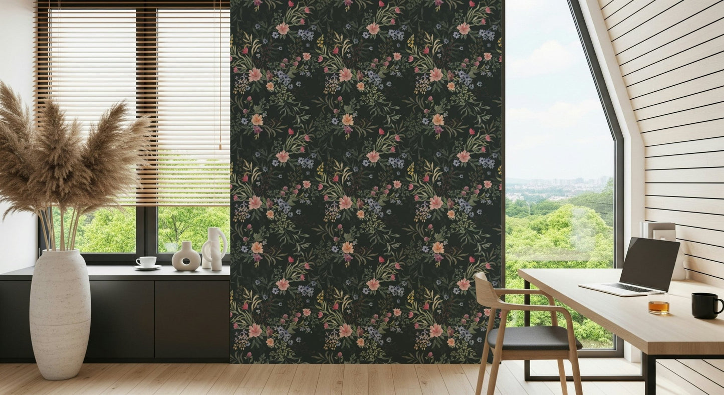 Dark and dramatic Ethereal Floral Wallpaper showcasing an abundant, cascading garden of flowers.