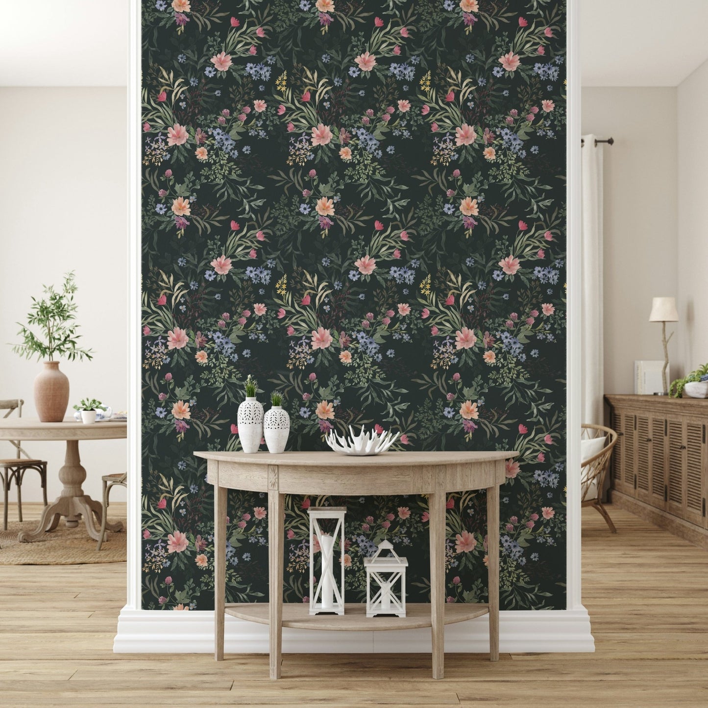 Timeless Ethereal Floral Wallpaper featuring scattered meadow flowers in a sophisticated, muted palette.