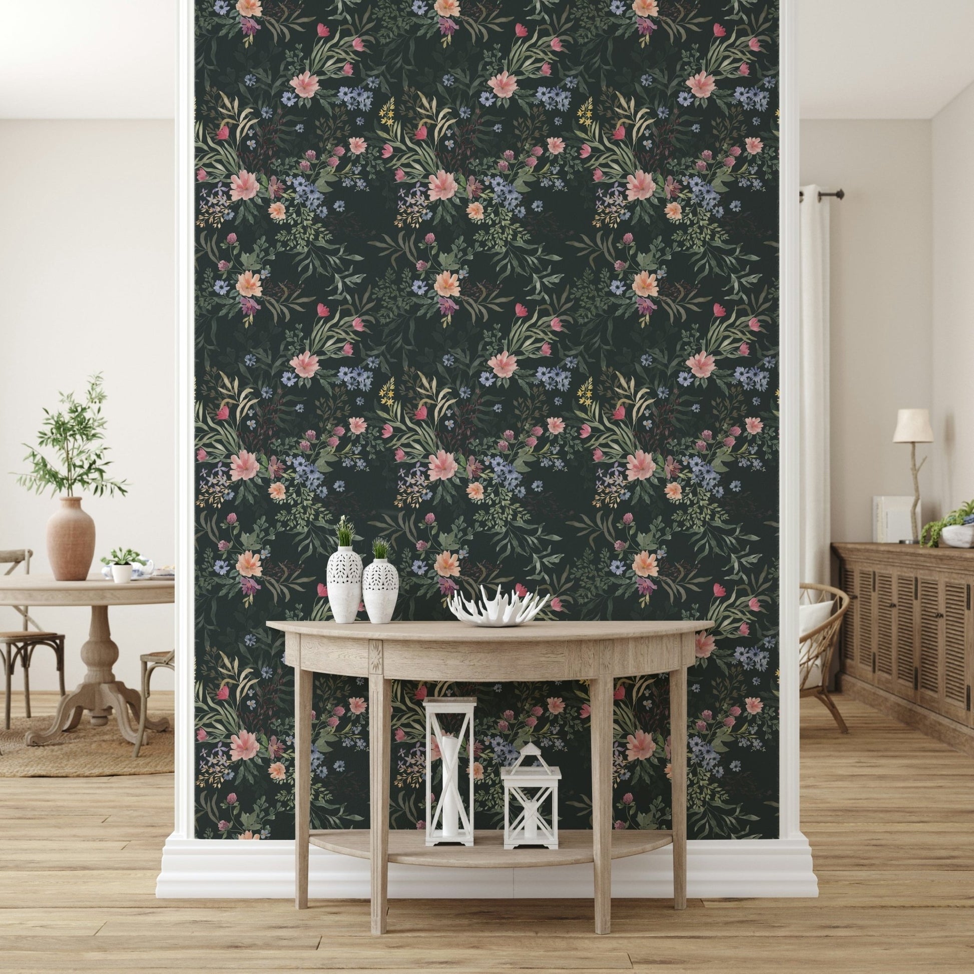 Timeless Ethereal Floral Wallpaper featuring scattered meadow flowers in a sophisticated, muted palette.