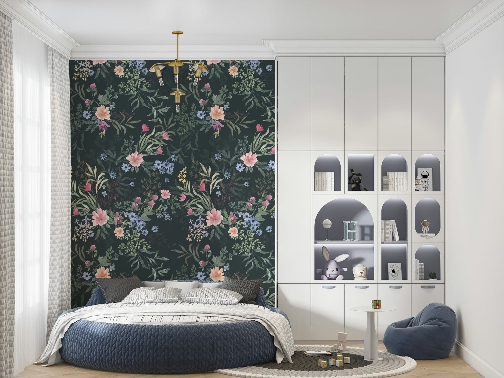 Peel and stick dark floral pattern for bedroom decor.