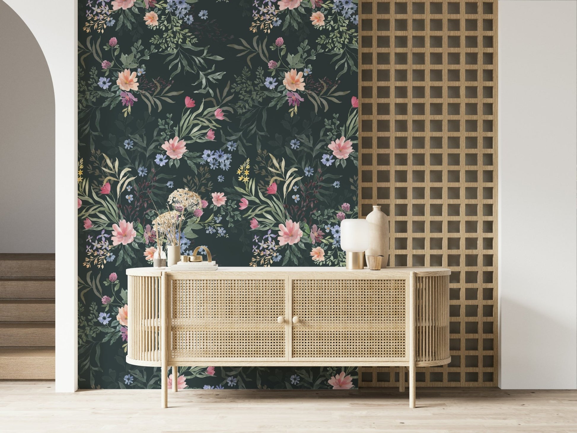 Romantic wildflower print featuring deep green and sage leaves, perfect as Ethereal Floral Wallpaper for walls.