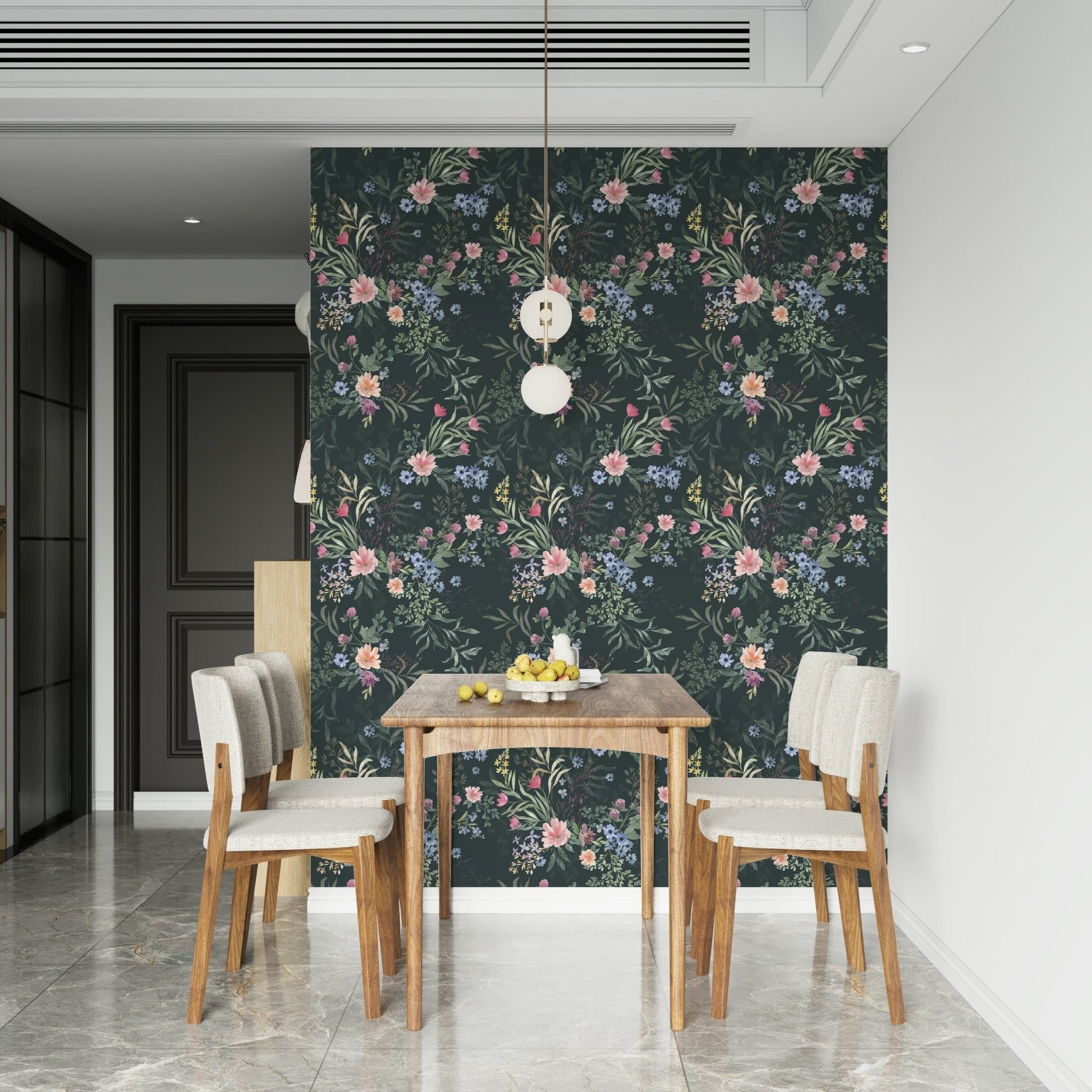 Vintage-inspired Ethereal Floral Wallpaper design with high contrast pink blooms and shadowy foliage.
