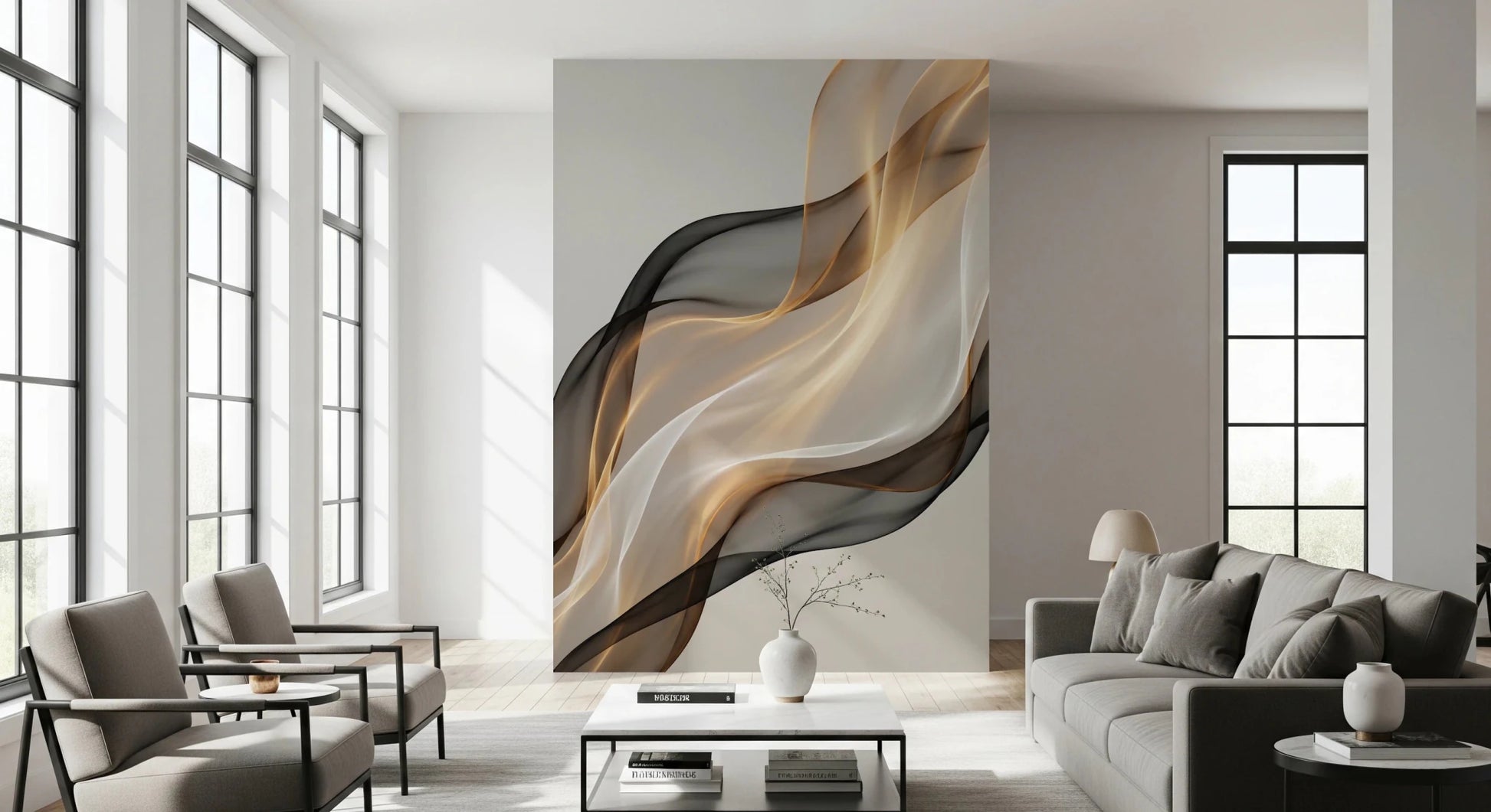 Ethereal Flow Wall Mural with amber silk waves for lounge.