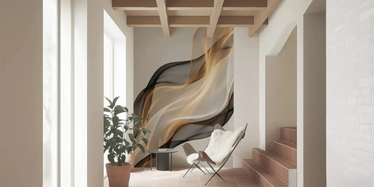 Gold black silk wallpaper for living room feature wall.