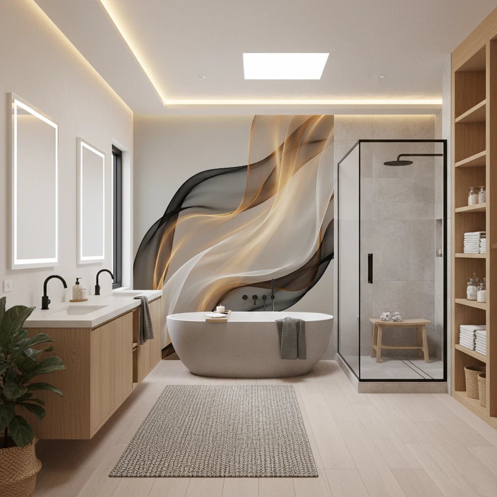 Fluid amber and black ribbon wall mural for hall decor.