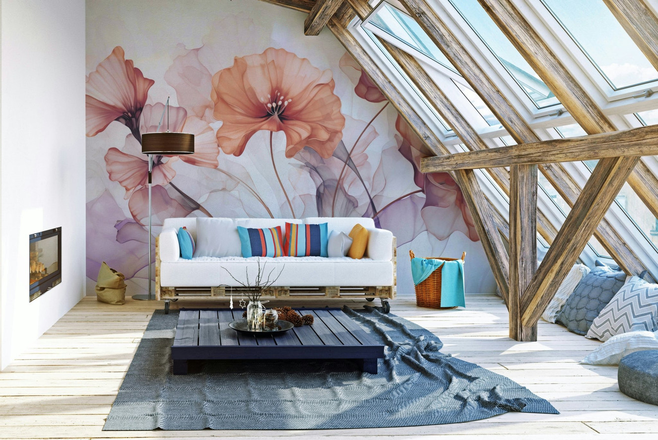 Ethereal Flower Fantasies wallpaper on a living room wall

