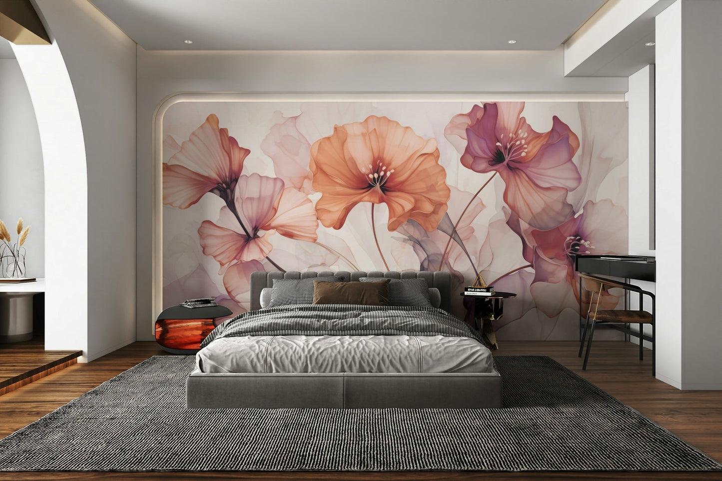 Wallpaper with a dreamy, artistic floral mural design

