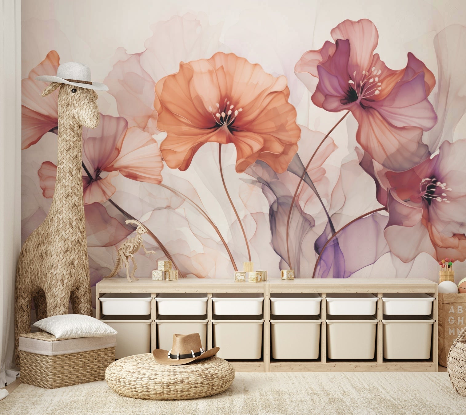 A bedroom decorated with a beautiful floral mural

