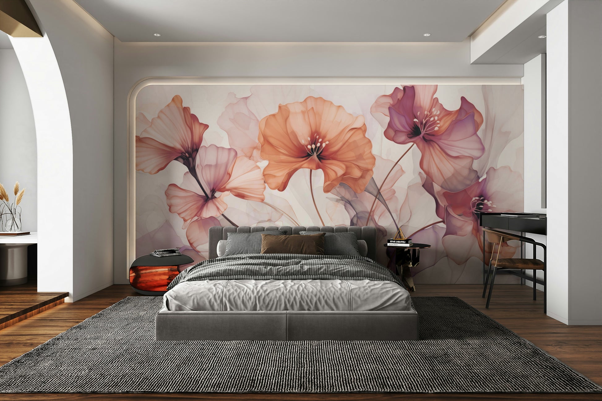 Wallpaper with a dreamy, artistic floral mural design

