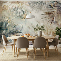 A graceful subtle leaf wall mural in soft, elegant tones.