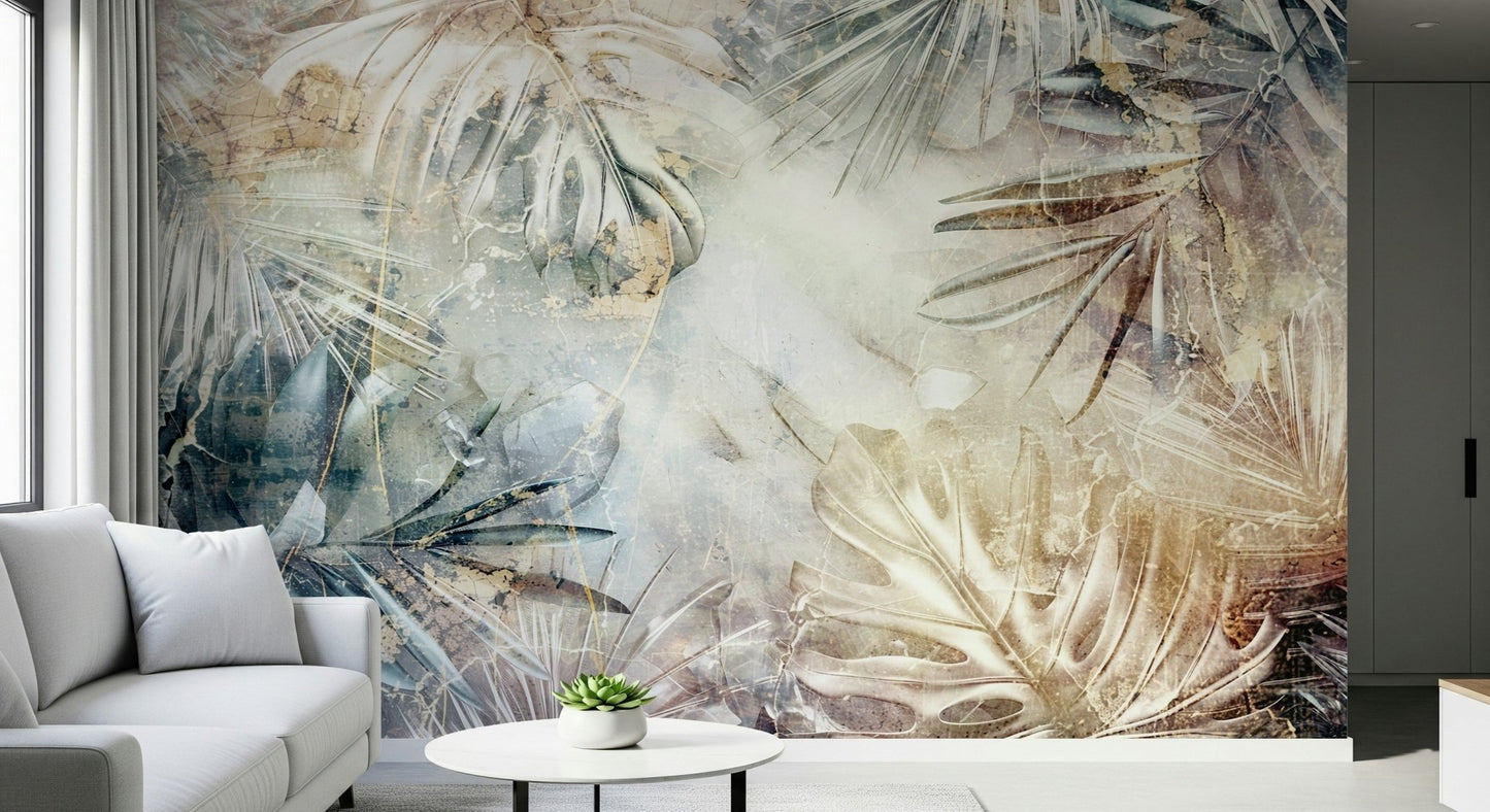 An artistic delicate leaf mural on minimalist wallpaper.