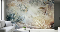 An artistic delicate leaf mural on minimalist wallpaper.