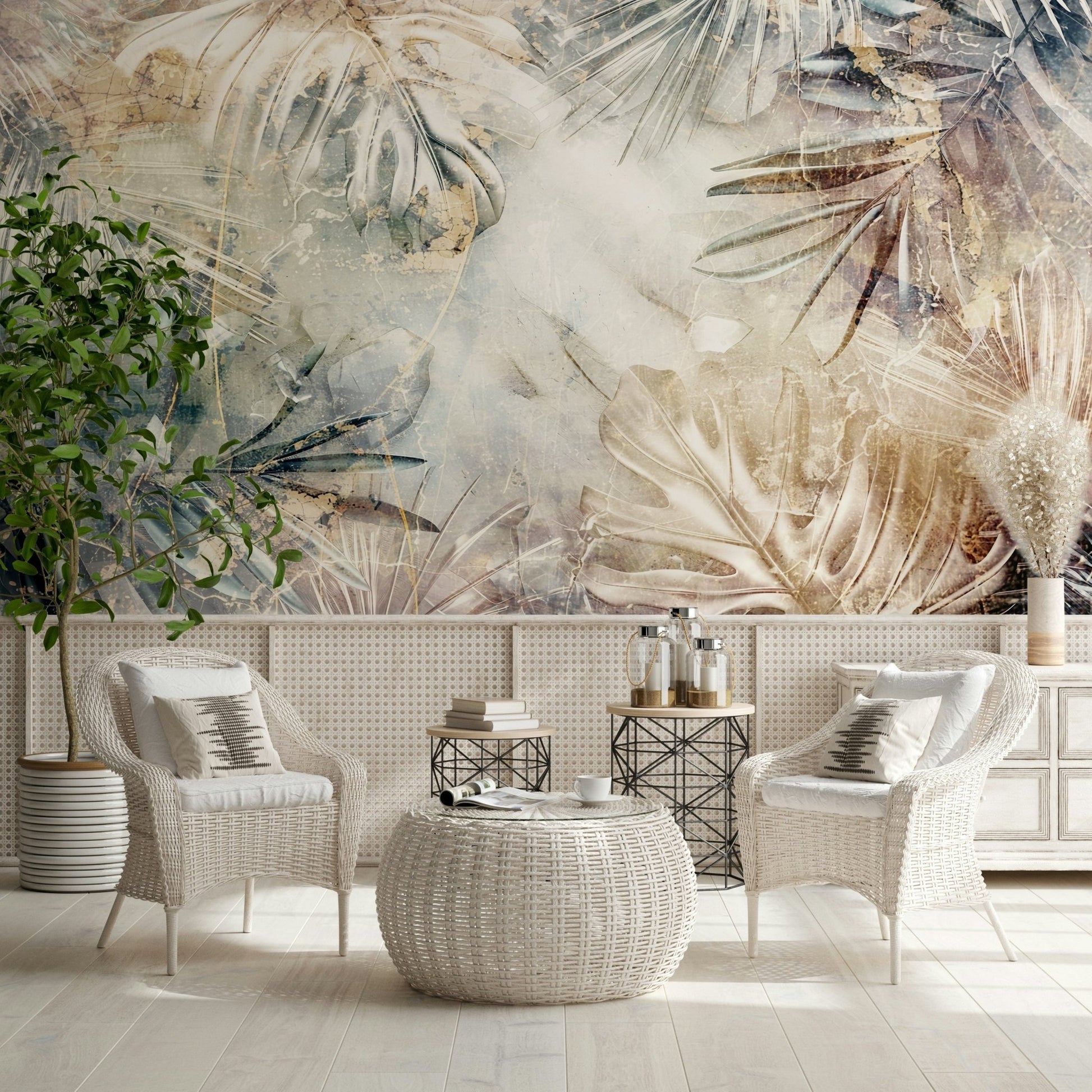 A calming foliage design wallpaper mural that defines a space.