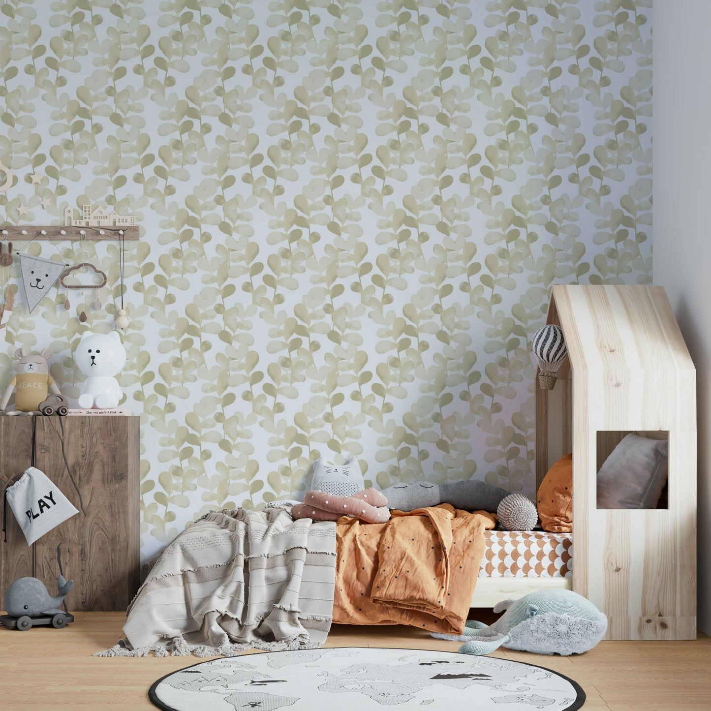 An artistic delicate botanical mural on minimalist wallpaper.

