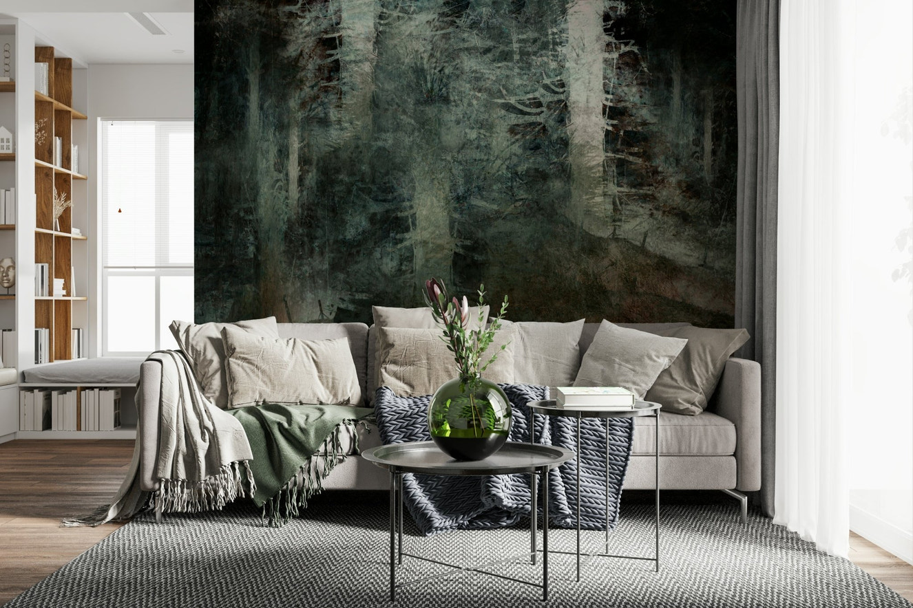 A beautiful serene forest wallpaper mural with subtle, dreamy light.