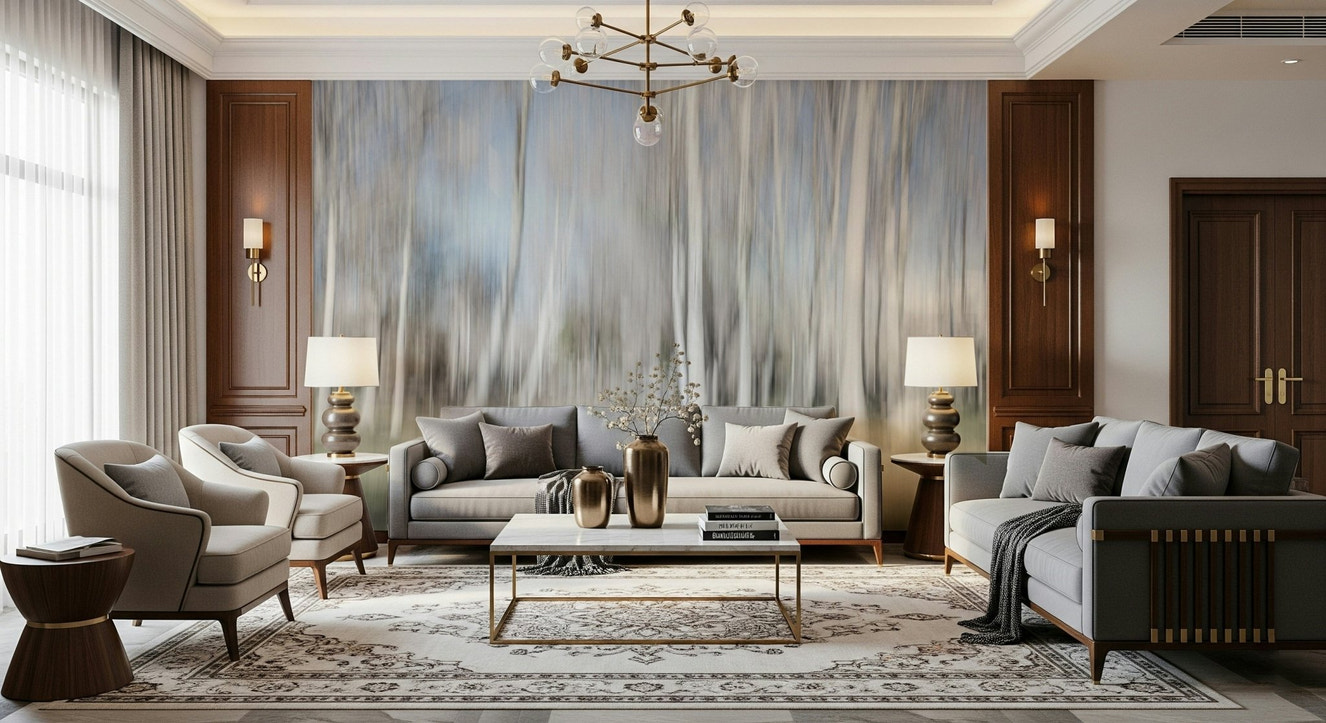 A beautiful ethereal forest wallpaper mural with subtle, misty light filtering through the trees.