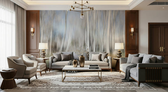 A beautiful ethereal forest wallpaper mural with subtle, misty light filtering through the trees., GD5655
