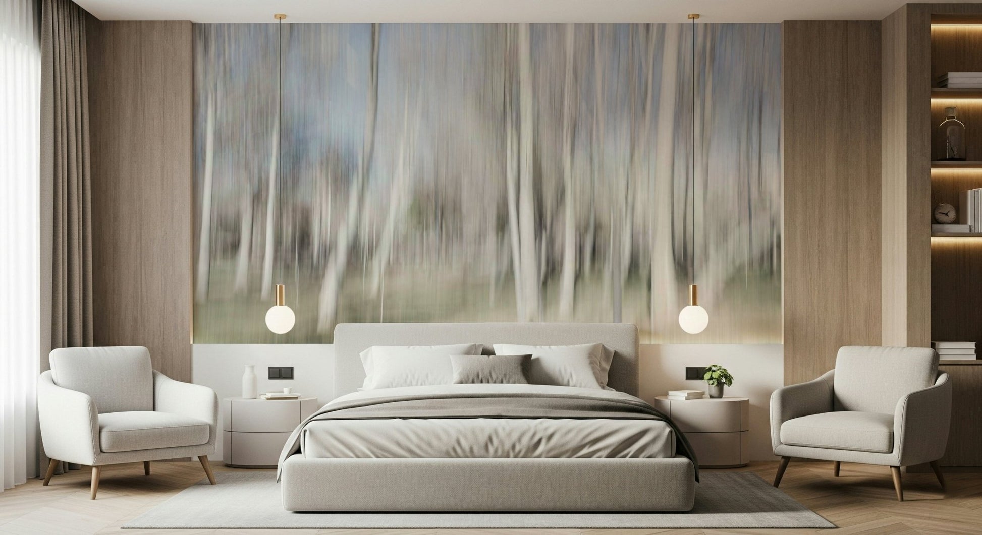 A graceful subtle light wall mural in cool, natural tones., GD5655