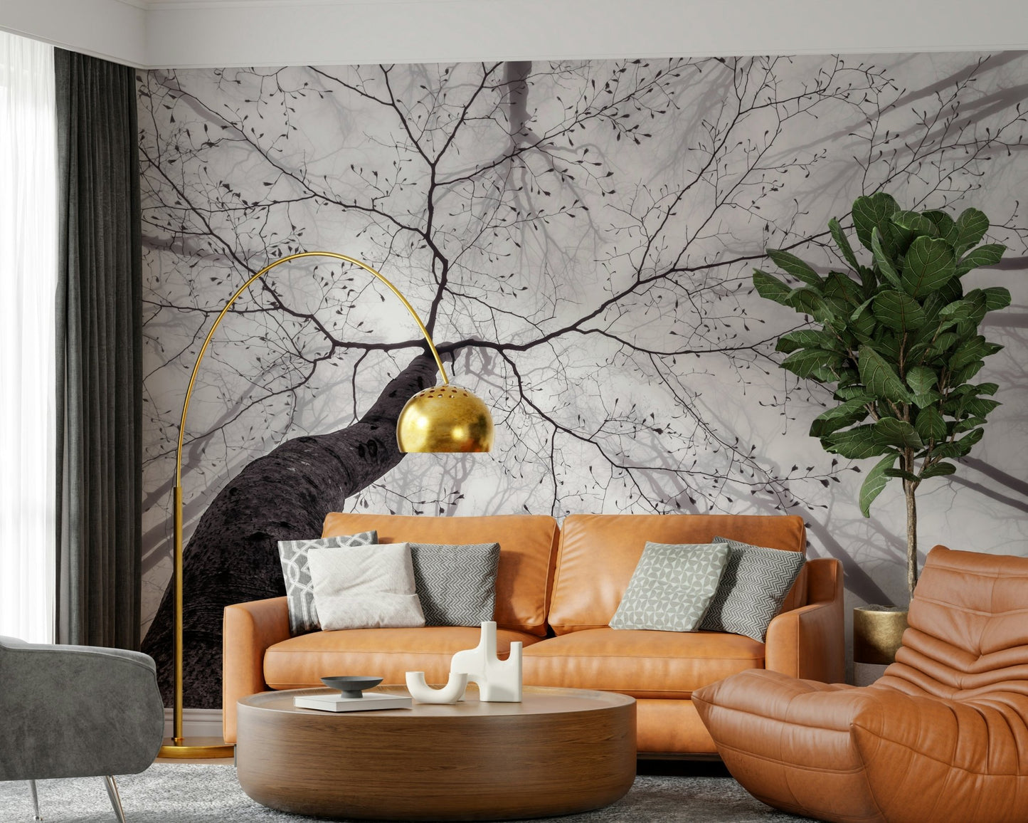 A peaceful woodland vista mural on decorative wallpaper.

