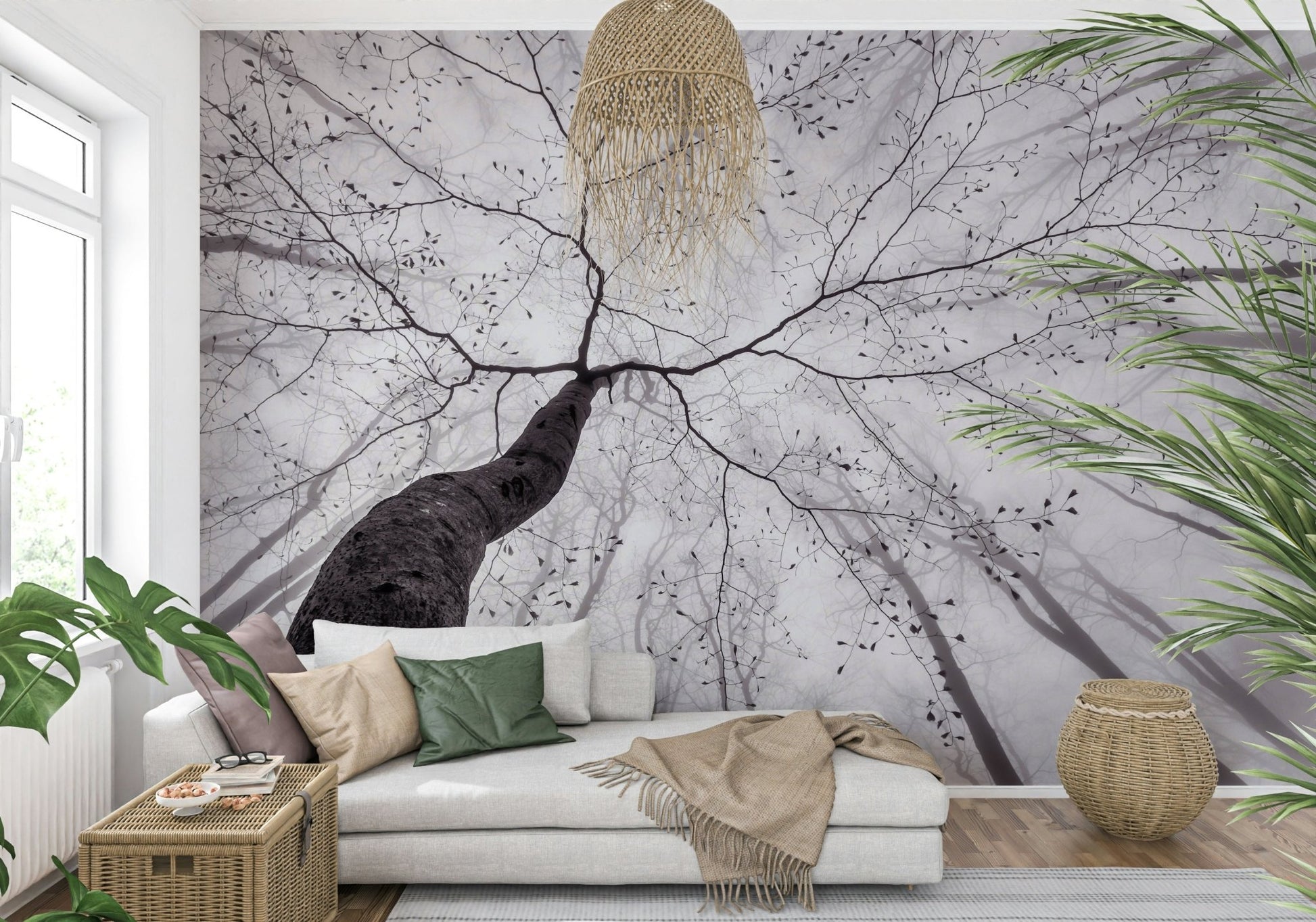 An artistic dreamy landscape mural on minimalist wallpaper.

