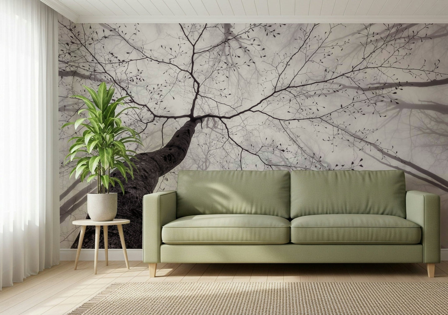 A beautiful serene forest wallpaper mural with subtle light.

