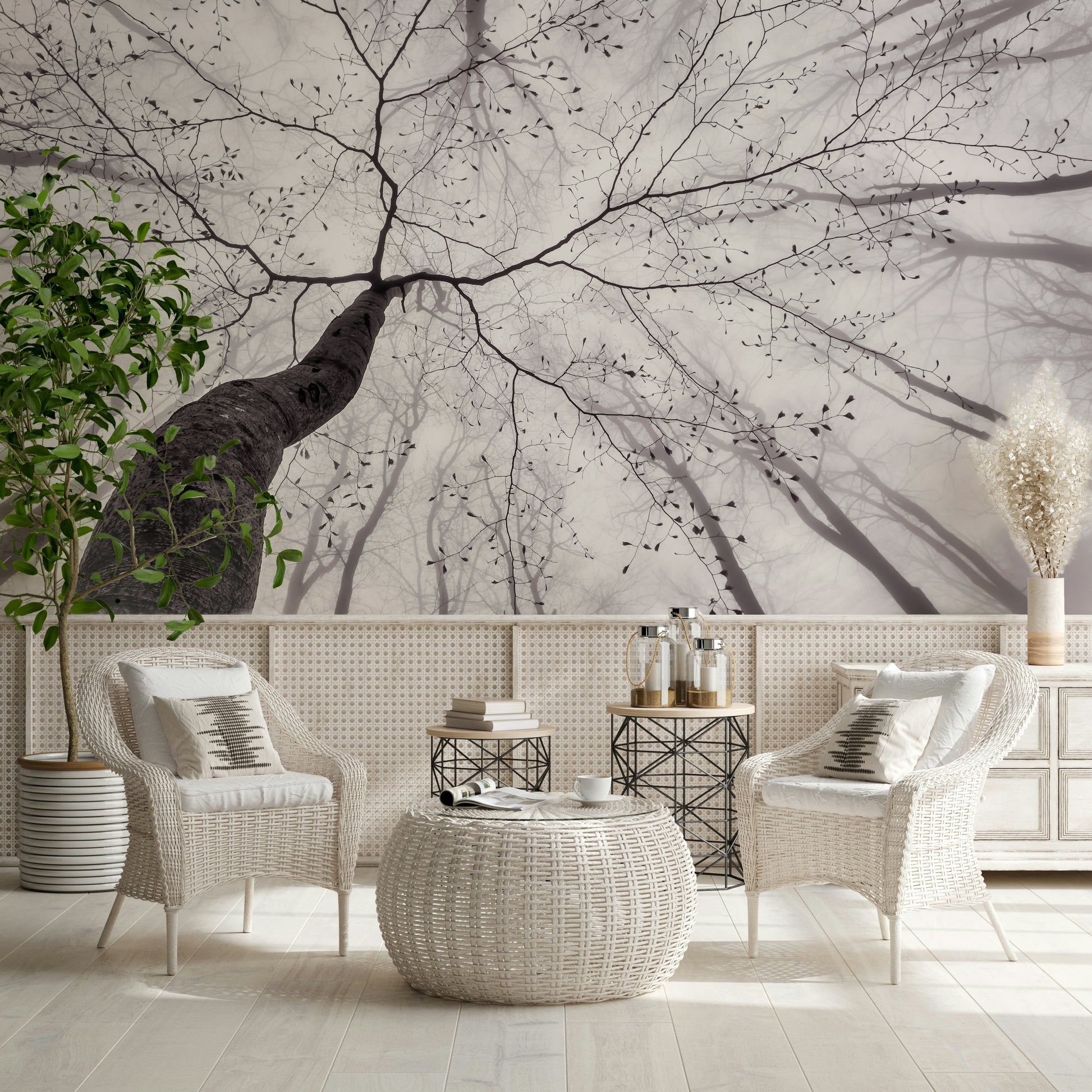 A graceful subtle light wall mural in cool, natural tones.


