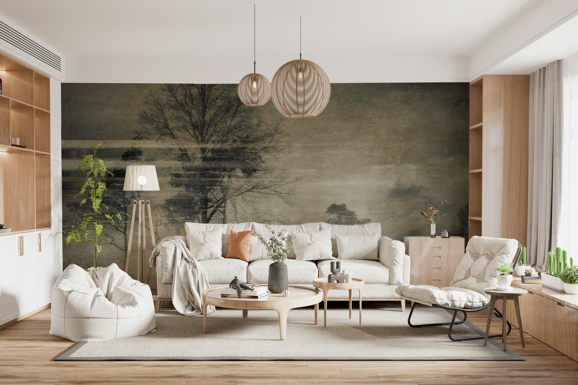 A peaceful woodland vista mural on decorative wallpaper.