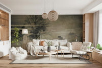 A peaceful woodland vista mural on decorative wallpaper.
