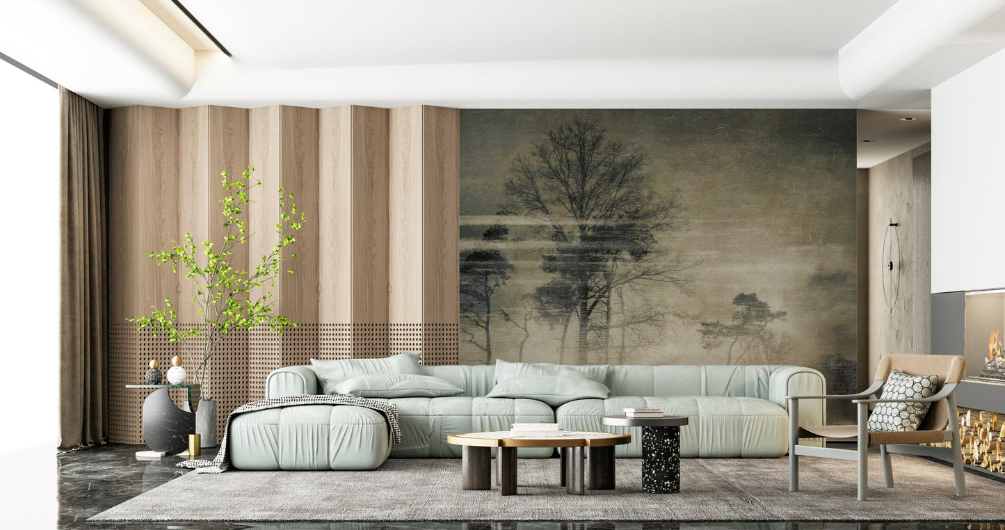 A contemplative misty forest wallpaper mural for a feature wall.