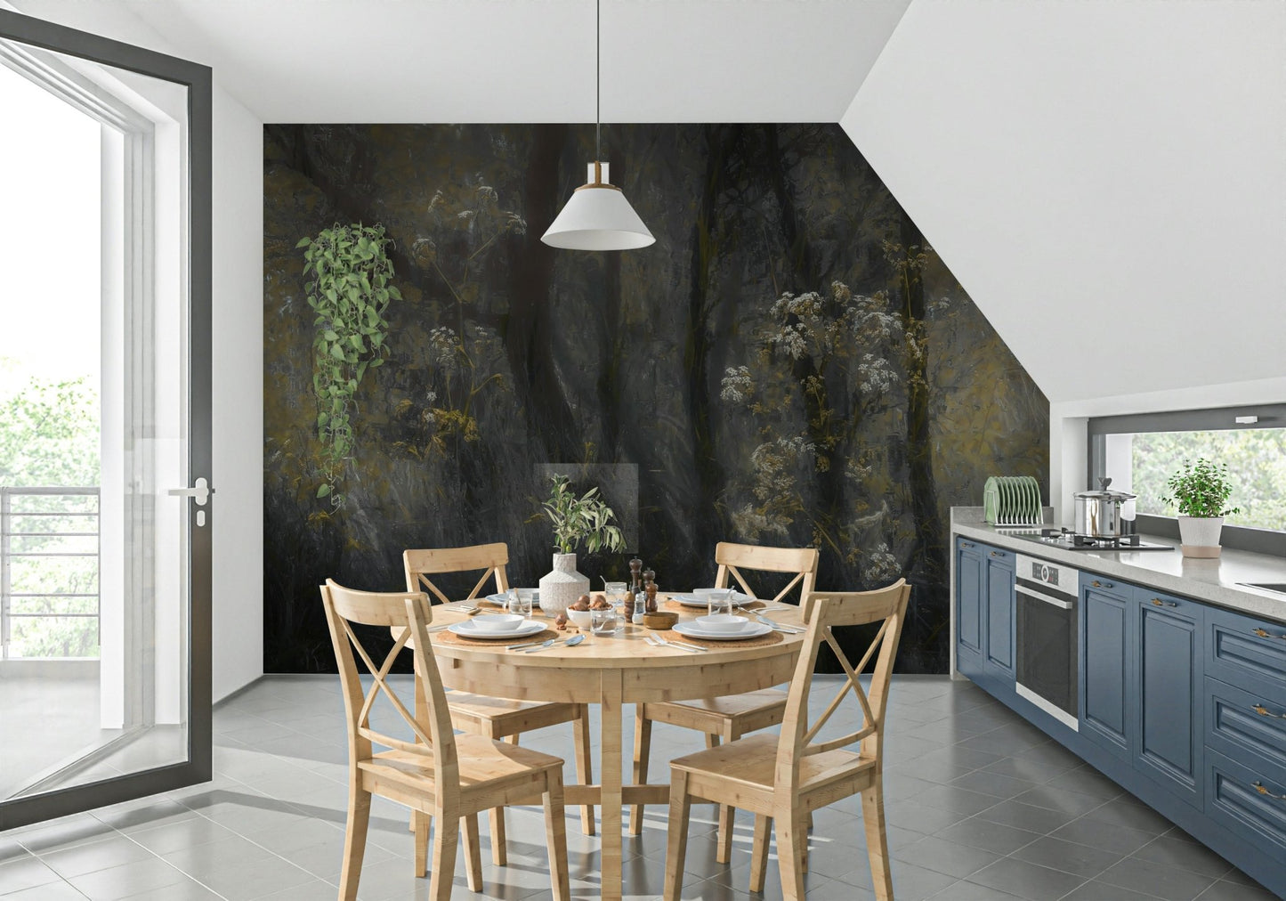 A calming serene forest wallpaper mural that defines a space., GD5596