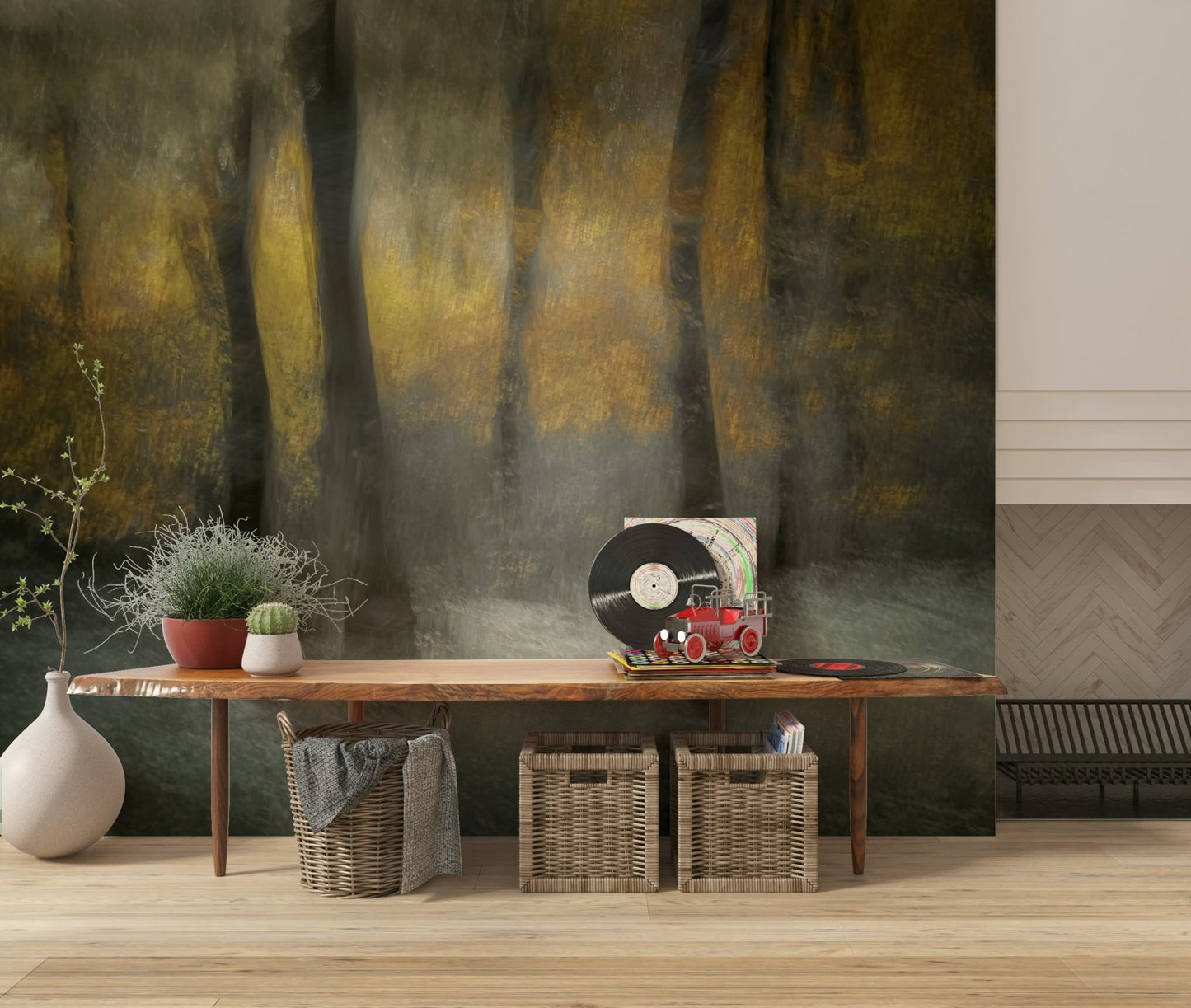 A beautiful ethereal forest wallpaper mural with soft, misty light.
