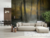 A peaceful woodland vista mural on decorative wallpaper.
