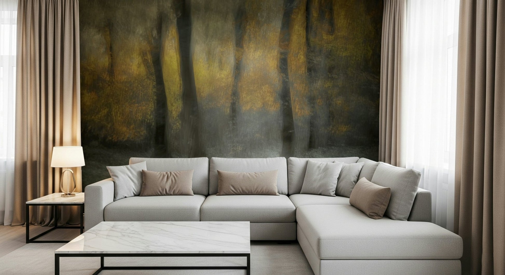 A beautiful wide-angle wall mural of a misty wood.