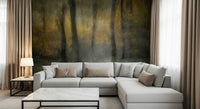 A beautiful wide-angle wall mural of a misty wood.