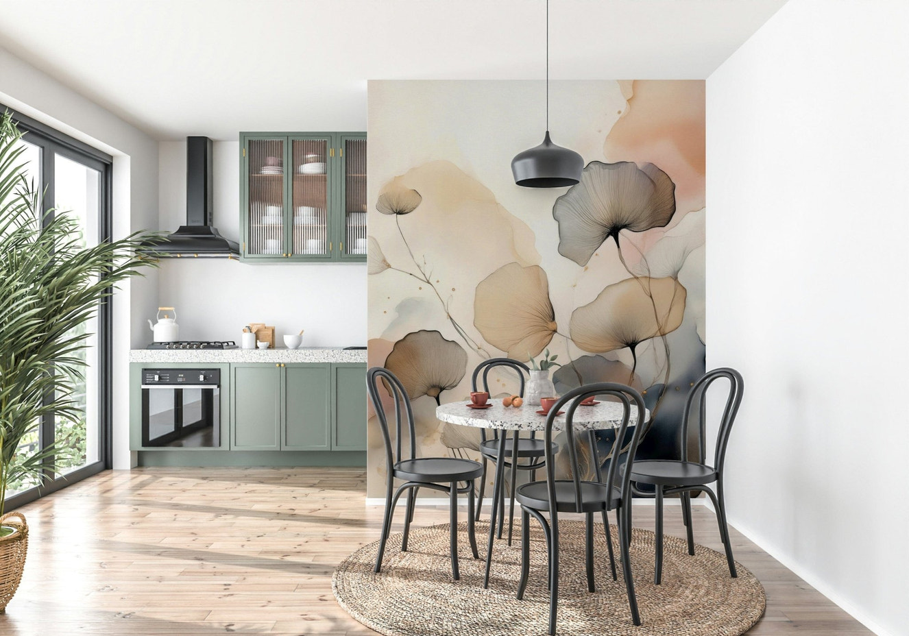 Ethereal Garden Tones Wall Mural adds softness to a sitting room.