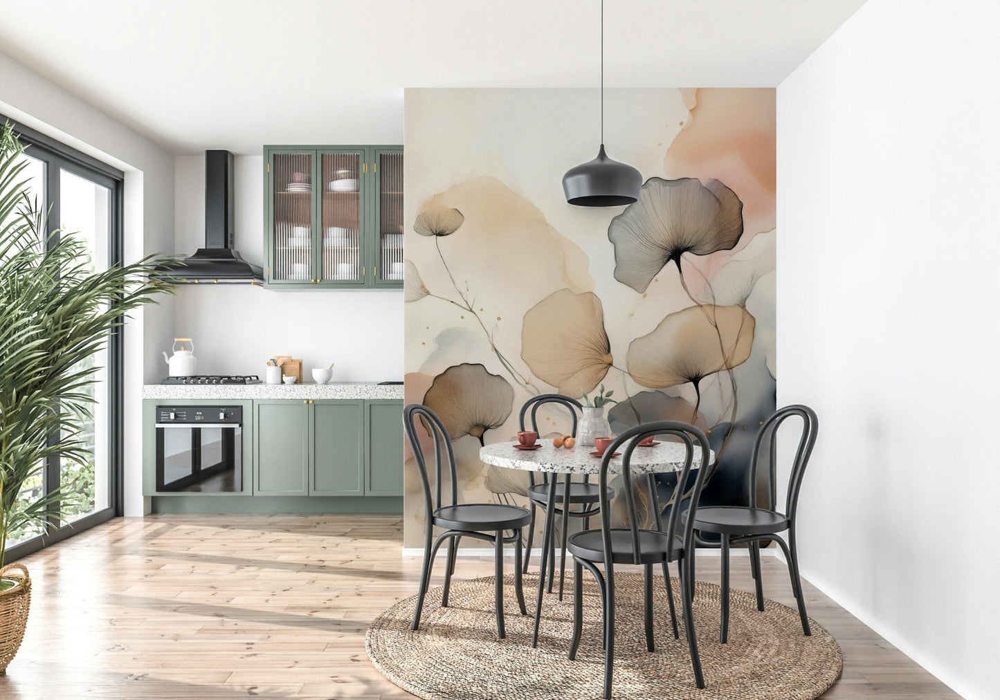 Ethereal Garden Tones Wall Mural adds softness to a sitting room.