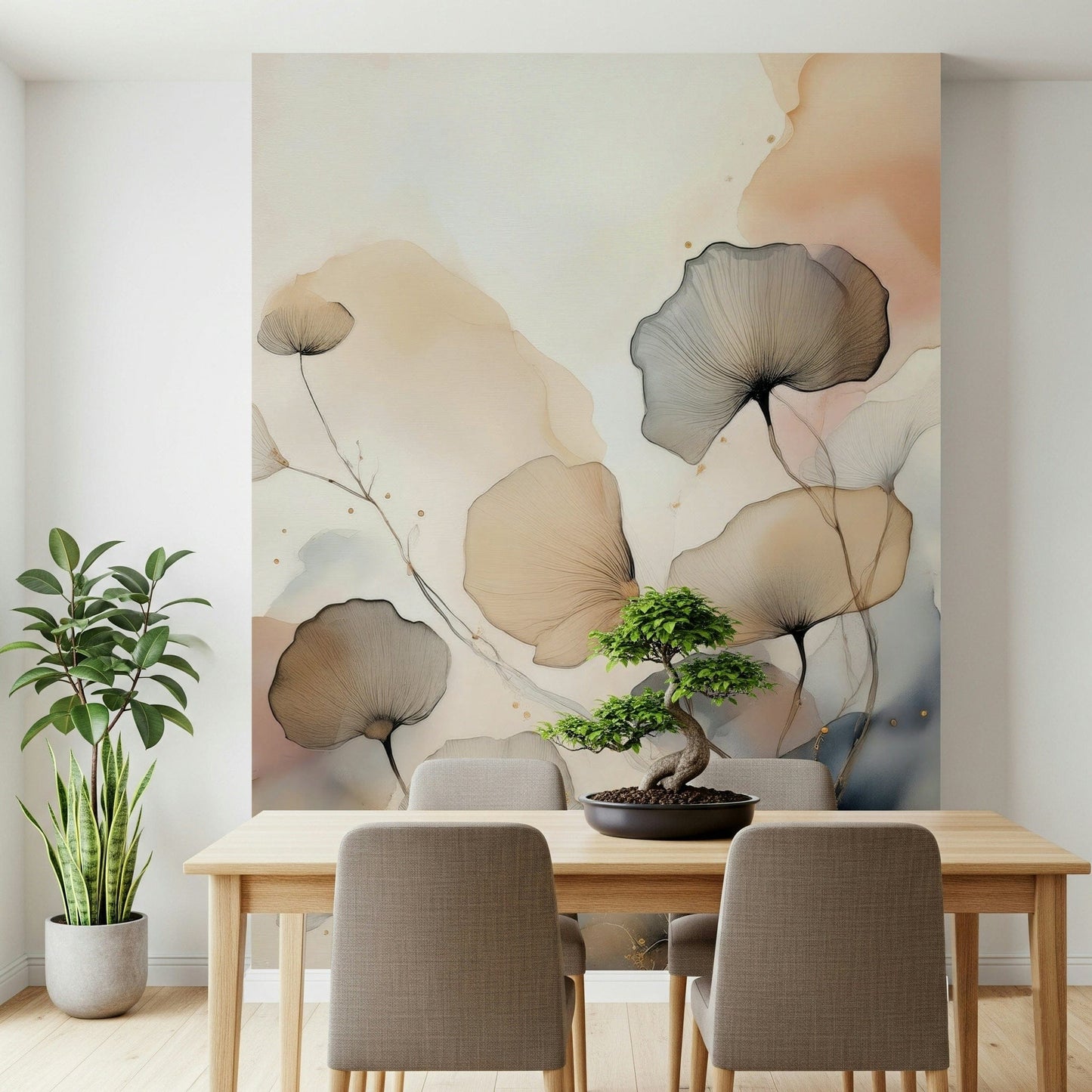 Office area with the tranquil Ethereal Garden Tones Mural.