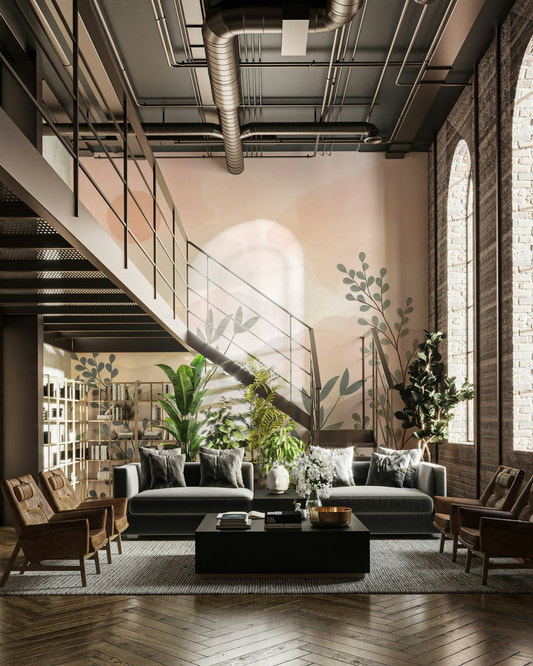 A full-wall mural of a fantastical garden scene.
