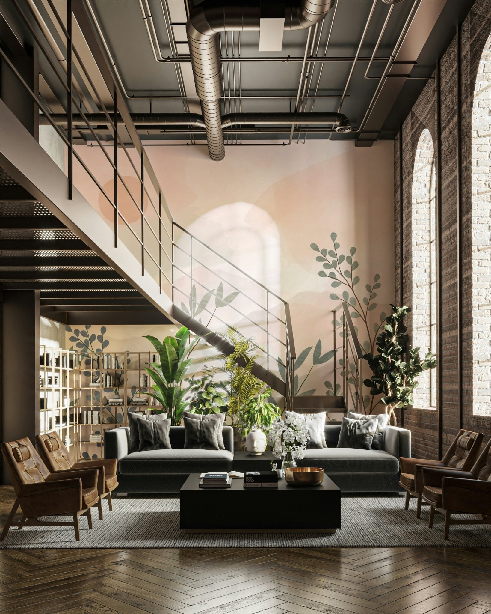 A full-wall mural of a fantastical garden scene.
