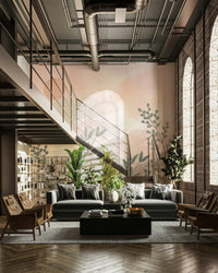 A full-wall mural of a fantastical garden scene.
