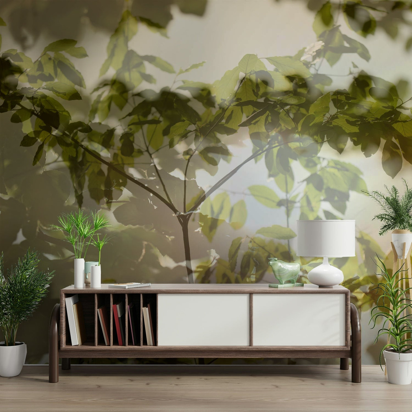 Ethereal Greenery Layered Leaf Wall Mural with soft greenery

