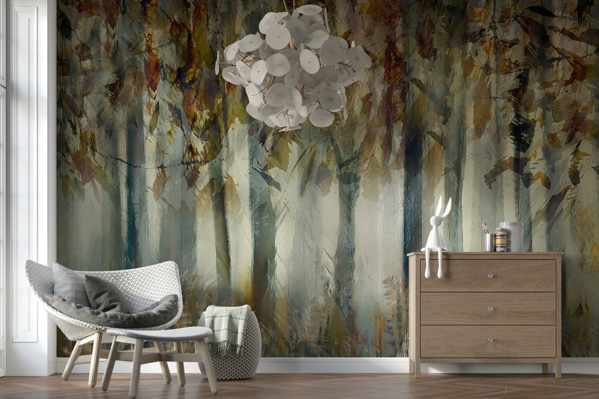 A peaceful woodland vista mural on decorative wallpaper., GD5557